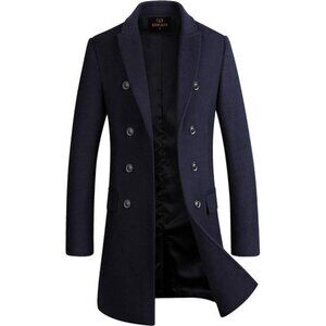 Men's Wool Blend Double Breasted Long Coat Dark Blue